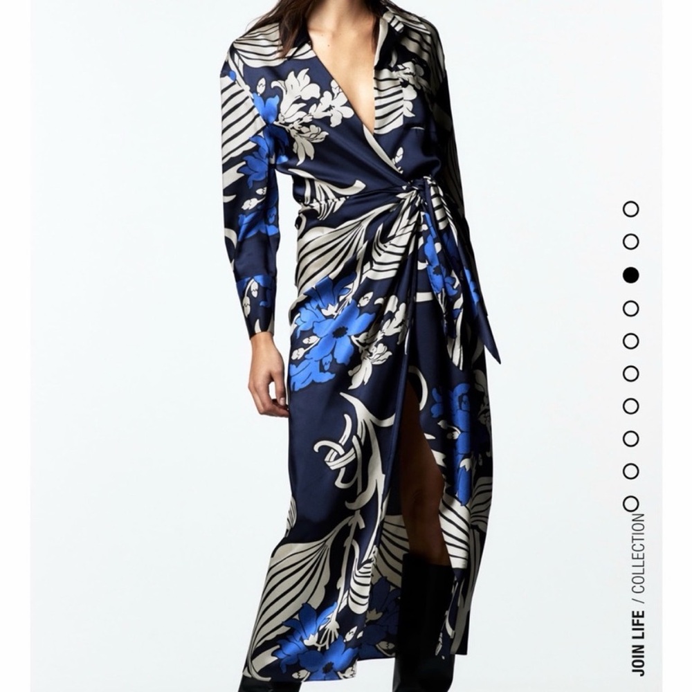 Zara Printed Satin Wrap Shirt Dress Size Medium